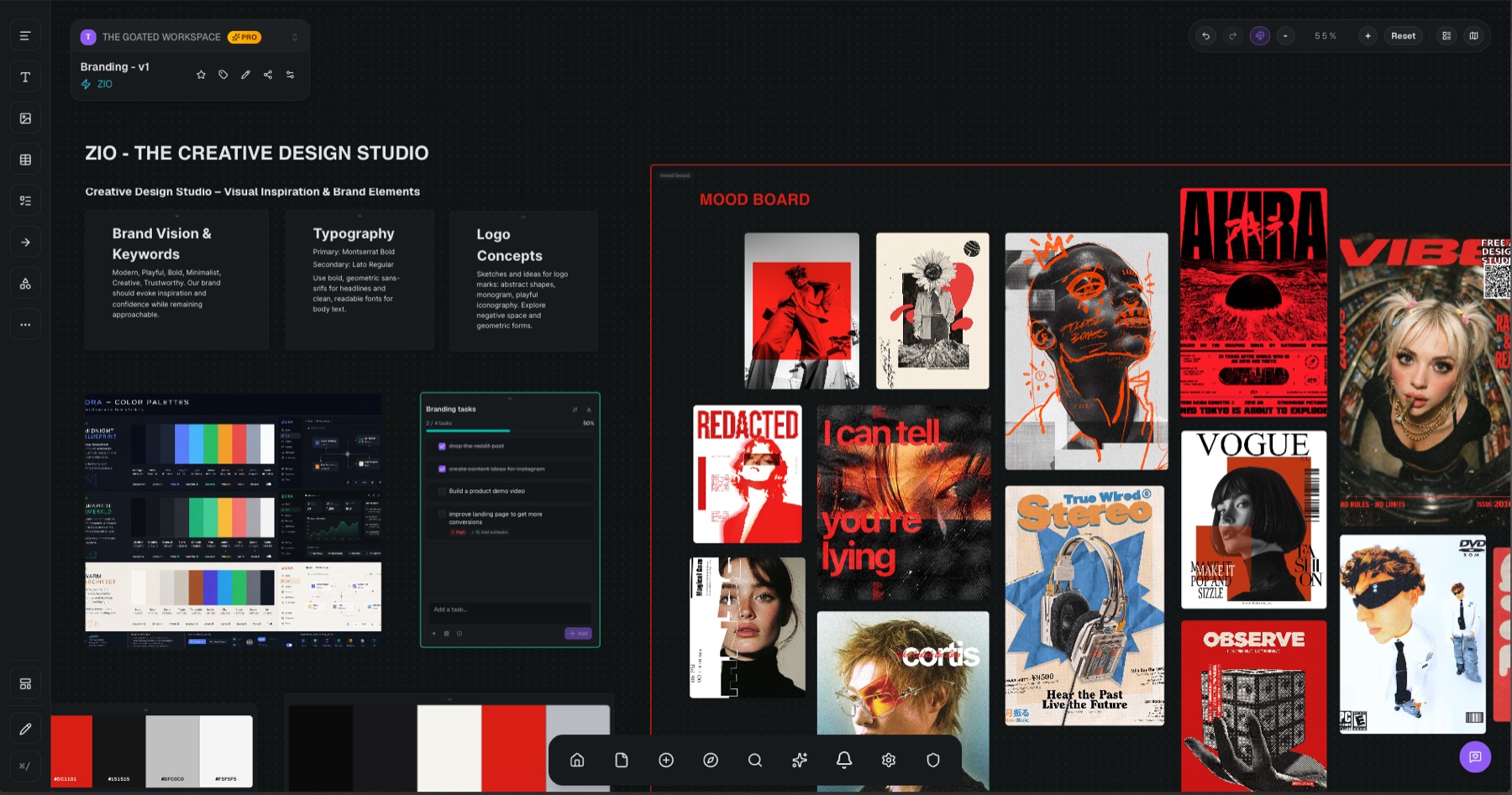 A Layer canvas holding a brand mood board, colour palettes and a task list on one infinite surface.